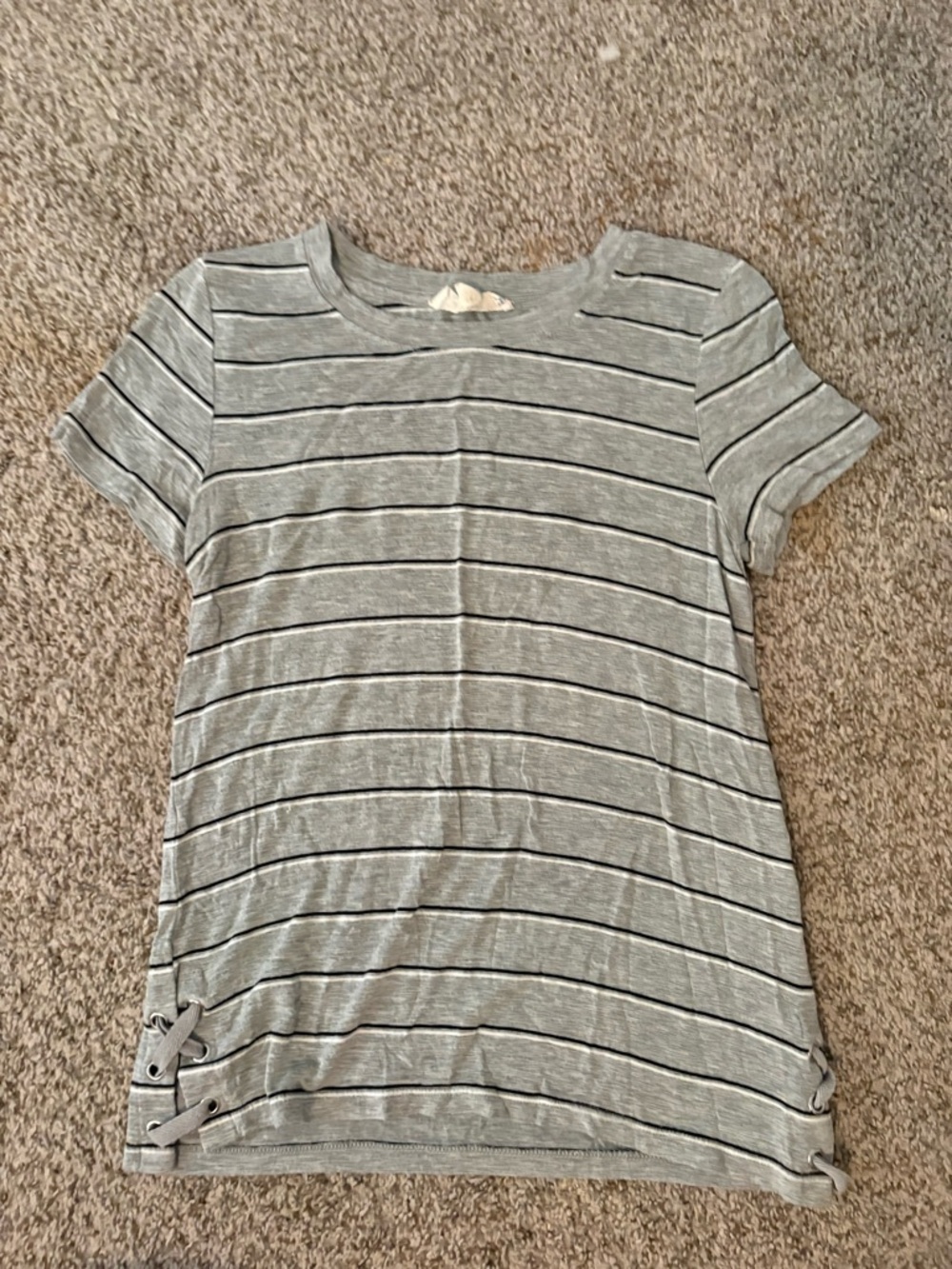 Grey Striped Short Sleeve Tee with Lace-Up Hem
